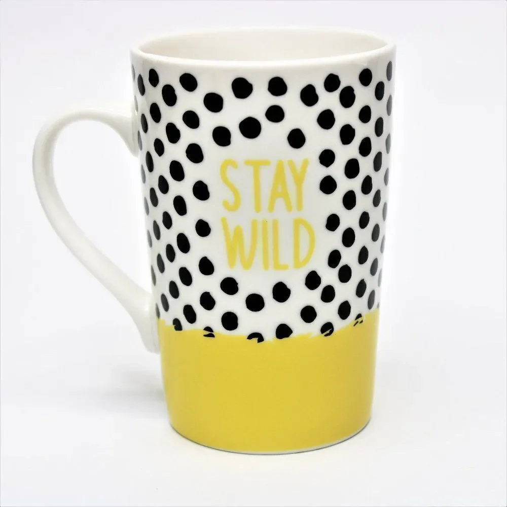 Tall Mug Morning Cup of Stay Wild Ceramic Yellow with Black Polka Dots 13 fl.